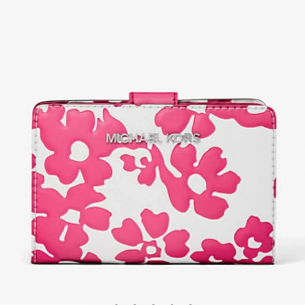 Michael Kors Jet Set Medium Floral Print Bi-Fold Wallet Dragonfruit NWT